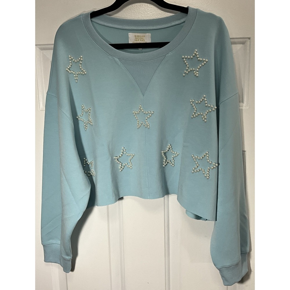 Simply Southern Pearl Embellished Baby Blue Cropped Sweater/Pullover Women's XL